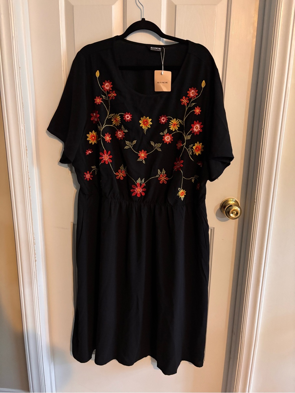NWT BloomChic Black Midi Dress with Red & Yellow Floral Embroidery